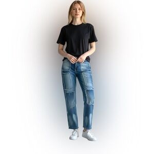 Blue Denim Jean Patchwork Elastic Waist Zip Button Fly Frayed Raw Hem SZ XL